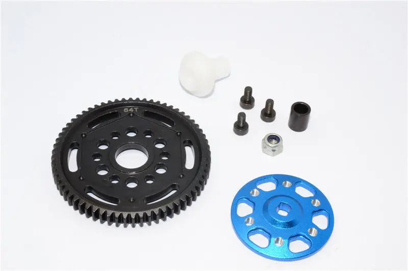 Axial Yeti Aluminum Spur Gear Adapter + Steel Spur Gear 32 Pitch 64T - 2 Pcs Set Blue 1