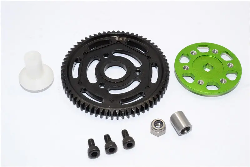 Axial Yeti Aluminum Spur Gear Adapter + Steel Spur Gear 32 Pitch 64T - 2 Pcs Set Green 1