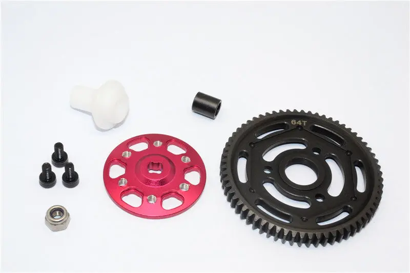 Axial Yeti Aluminum Spur Gear Adapter + Steel Spur Gear 32 Pitch 64T - 2Pcs Set Red 1