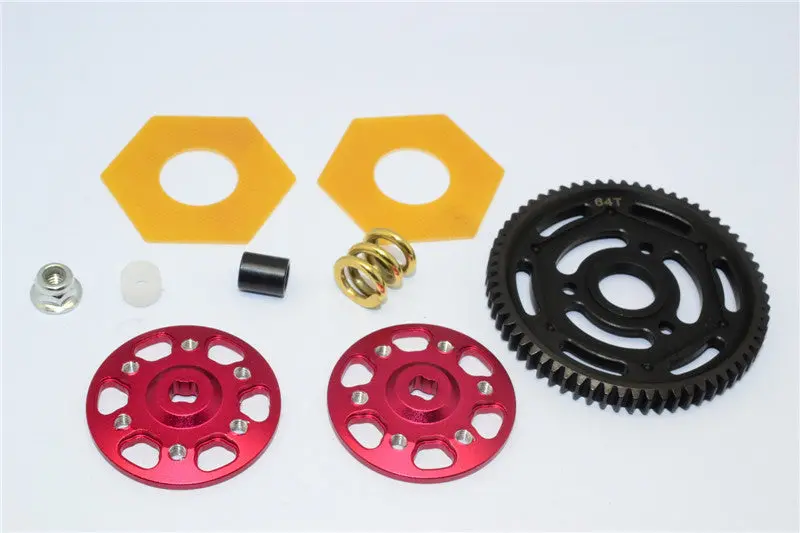 Axial Yeti Aluminum Spur Gear Adapter + Steel Spur Gear 32 Pitch 64T + Fibre Slipper Pad - 1 Set Red 1