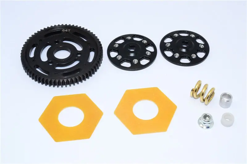 Axial Yeti Aluminum Spur Gear Adapter + Steel Spur Gear 32 Pitch 64T + Fibre Slipper Pad - 5 Pcs Set Black 1