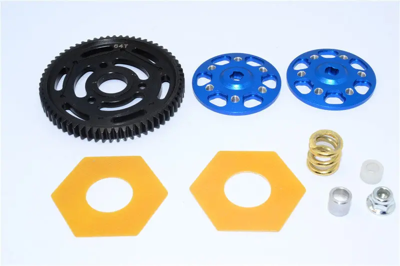 Axial Yeti Aluminum Spur Gear Adapter + Steel Spur Gear 32 Pitch 64T + Fibre Slipper Pad - 5 Pcs Set Blue 1