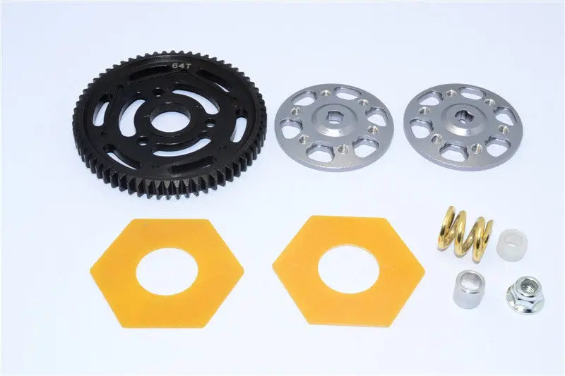 Axial Yeti Aluminum Spur Gear Adapter + Steel Spur Gear 32 Pitch 64T + Fibre Slipper Pad - 5 Pcs Set Gray Silver 1
