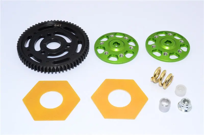 Axial Yeti Aluminum Spur Gear Adapter + Steel Spur Gear 32 Pitch 64T + Fibre Slipper Pad - 5 Pcs Set Green 1