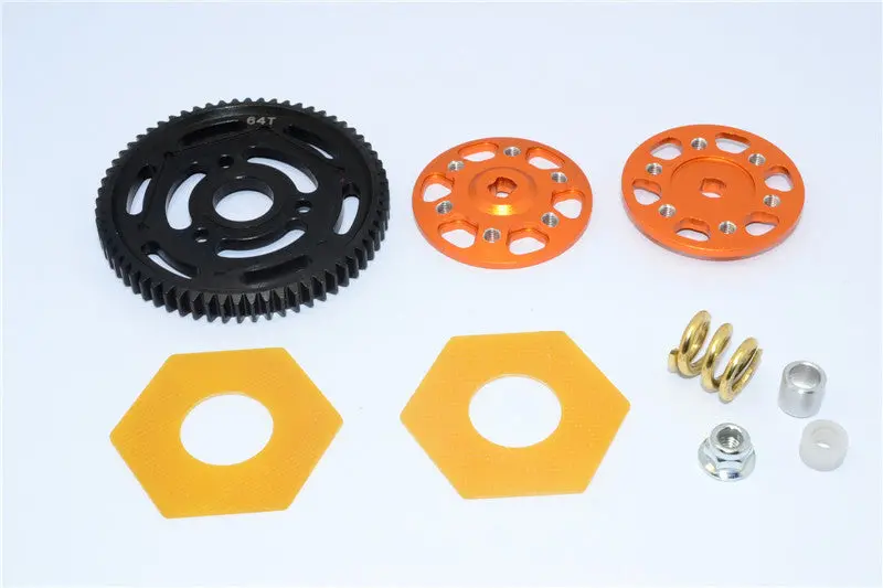 Axial Yeti Aluminum Spur Gear Adapter + Steel Spur Gear 32 Pitch 64T + Fibre Slipper Pad - 5 Pcs Set Orange 1