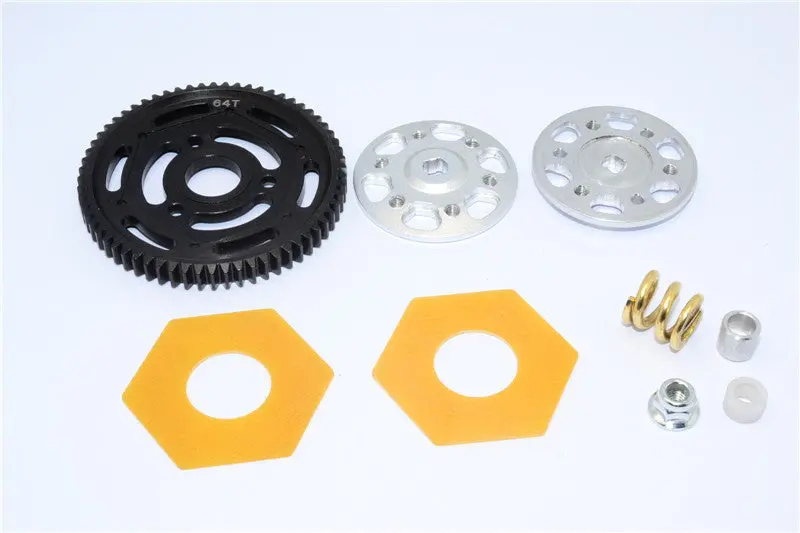 Axial Yeti Aluminum Spur Gear Adapter + Steel Spur Gear 32 Pitch 64T + Fibre Slipper Pad - 5 Pcs Set Silver 1