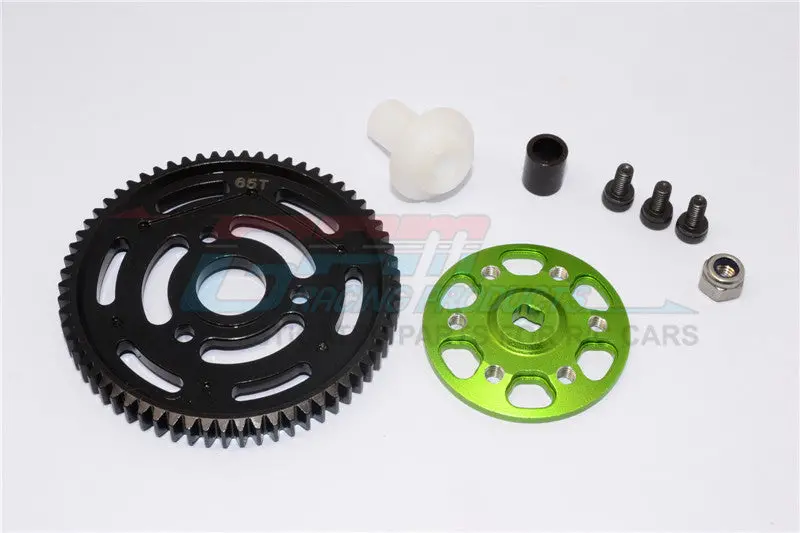 Axial Yeti (Ax90026) & Yeti Score (Ax90050, Ax90068) Aluminum Spur Gear Adapter + Steel Spur Gear 32 Pitch 65T - 2Pcs Set Green 1