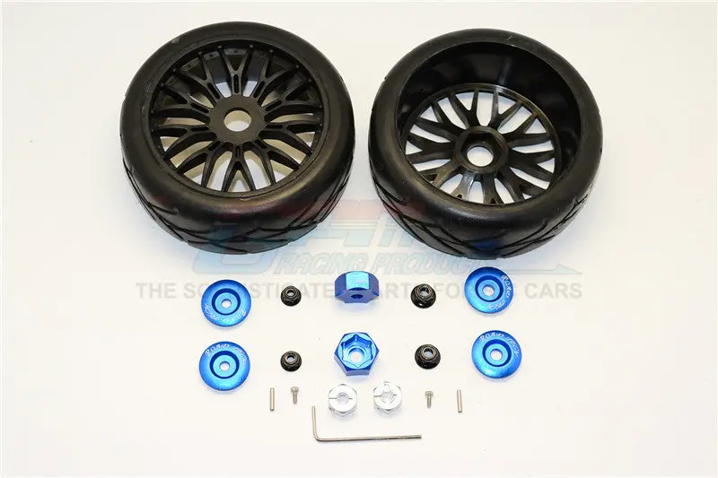 Axial Yeti (Ax90026) & Yeti Score (Ax90050, Ax90068) Rubber Radial Tires With Plastic Wheels & Wheel Hub Adapters, 12Mm To 17Mm Converter, 4Mm & 5Mm Wheel Lock - 2Pcs Set Blue 1