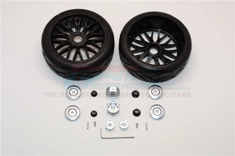Axial Yeti (Ax90026) & Yeti Score (Ax90050, Ax90068) Rubber Radial Tires With Plastic Wheels & Wheel Hub Adapters, 12Mm To 17Mm Converter, 4Mm & 5Mm Wheel Lock - 2Pcs Set Gray Silver 1
