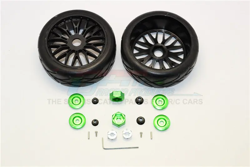 Axial Yeti (Ax90026) & Yeti Score (Ax90050, Ax90068) Rubber Radial Tires With Plastic Wheels & Wheel Hub Adapters, 12Mm To 17Mm Converter, 4Mm & 5Mm Wheel Lock - 2Pcs Set Green 1