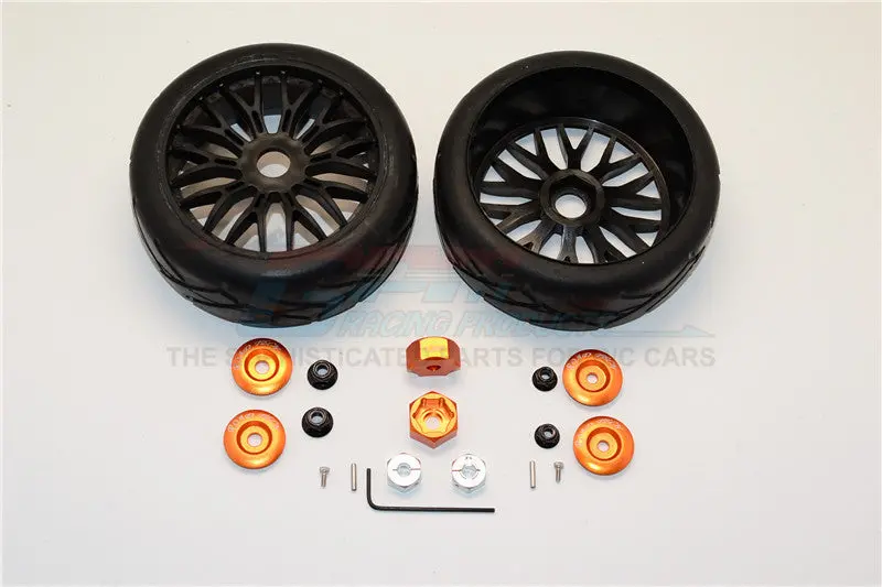Axial Yeti (Ax90026) & Yeti Score (Ax90050, Ax90068) Rubber Radial Tires With Plastic Wheels & Wheel Hub Adapters, 12Mm To 17Mm Converter, 4Mm & 5Mm Wheel Lock - 2Pcs Set Orange 1