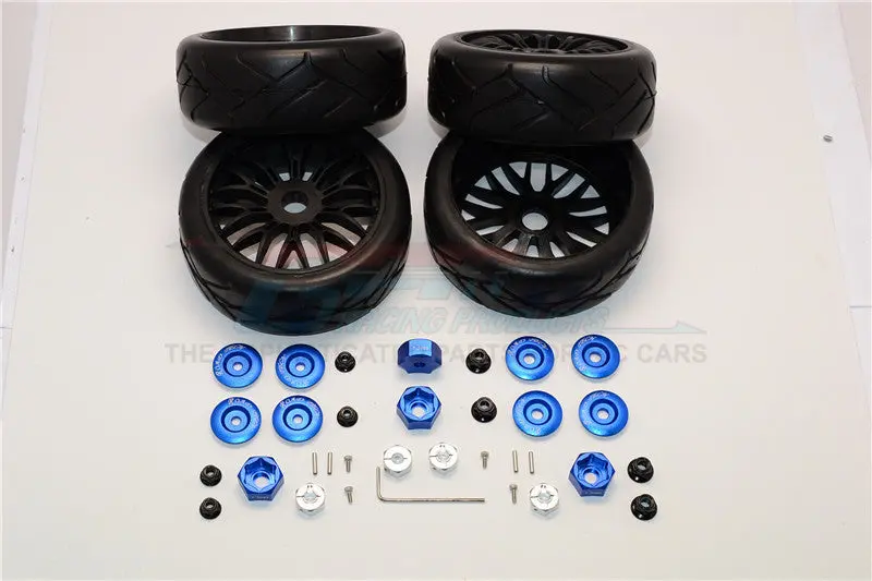 Axial Yeti (Ax90026) & Yeti Score (Ax90050, Ax90068) Rubber Radial Tires With Plastic Wheels & Wheel Hub Adapters, 12Mm To 17Mm Converter, 4Mm & 5Mm Wheel Lock - 4Pcs Set Blue 1