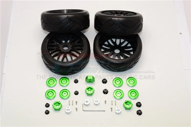 Axial Yeti (Ax90026) & Yeti Score (Ax90050, Ax90068) Rubber Radial Tires With Plastic Wheels & Wheel Hub Adapters, 12Mm To 17Mm Converter, 4Mm & 5Mm Wheel Lock - 4Pcs Set Green 1