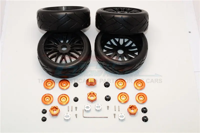 Axial Yeti (Ax90026) & Yeti Score (Ax90050, Ax90068) Rubber Radial Tires With Plastic Wheels & Wheel Hub Adapters, 12Mm To 17Mm Converter, 4Mm & 5Mm Wheel Lock - 4Pcs Set Orange 1