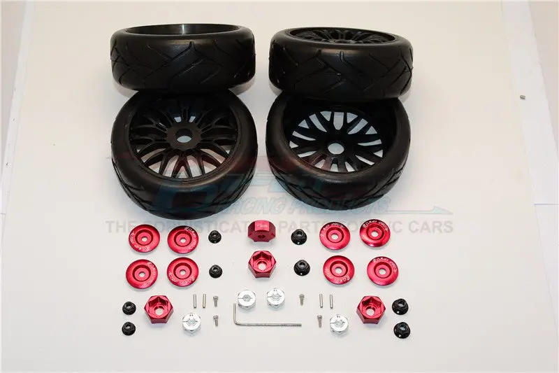 Axial Yeti (Ax90026) & Yeti Score (Ax90050, Ax90068) Rubber Radial Tires With Plastic Wheels & Wheel Hub Adapters, 12Mm To 17Mm Converter, 4Mm & 5Mm Wheel Lock - 4Pcs Set Red 1