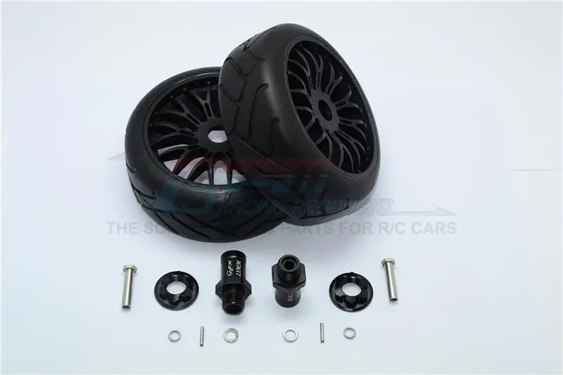Axial Yeti Rock Racer Aluminum 23Mm Rear Hex Adapters + Rubber On-Road Radial Tires With Plastic Wheels - 1Pr Set Black 1