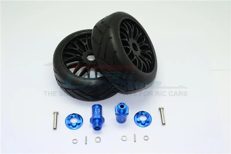 Axial Yeti Rock Racer Aluminum 23Mm Rear Hex Adapters + Rubber On-Road Radial Tires With Plastic Wheels - 1Pr Set Blue 1