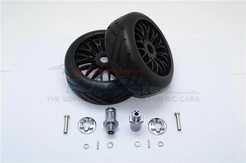 Axial Yeti Rock Racer Aluminum 23Mm Rear Hex Adapters + Rubber On-Road Radial Tires With Plastic Wheels - 1Pr Set Gray Silver 1