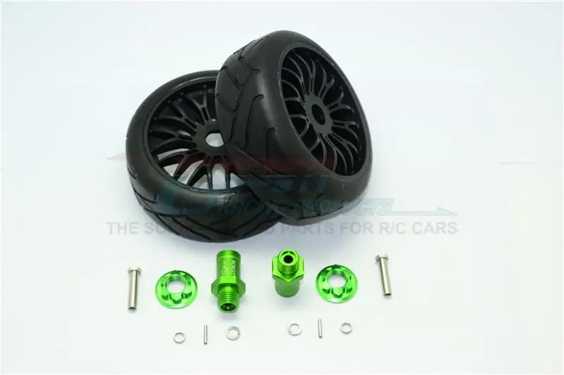 Axial Yeti Rock Racer Aluminum 23Mm Rear Hex Adapters + Rubber On-Road Radial Tires With Plastic Wheels - 1Pr Set Green 1