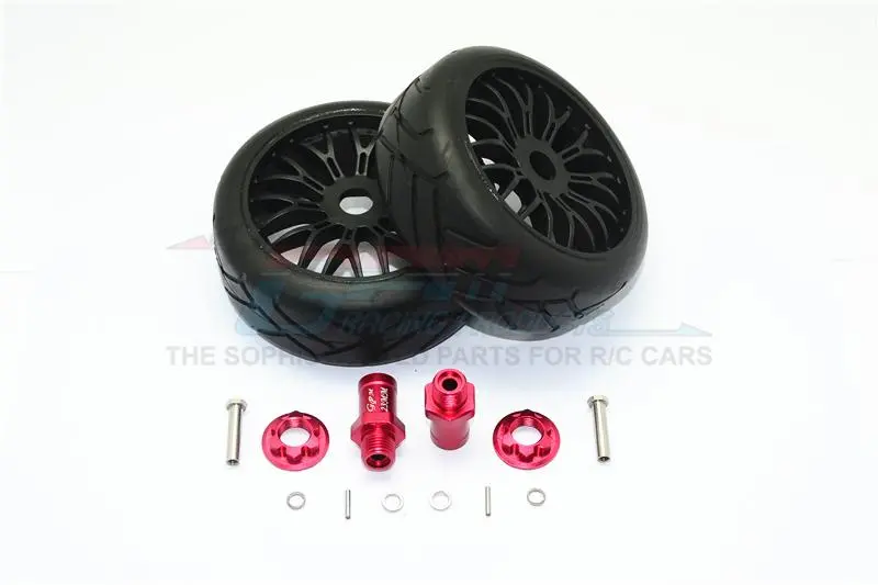 Axial Yeti Rock Racer Aluminum 23Mm Rear Hex Adapters + Rubber On-Road Radial Tires With Plastic Wheels - 1Pr Set Red 1