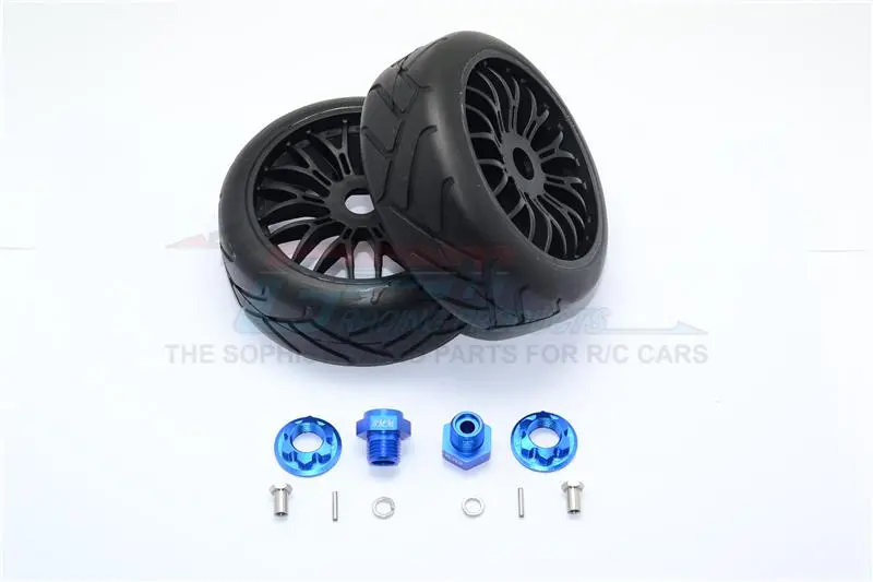 Axial Yeti Rock Racer Aluminum 8Mm Front Hex Adapters + Rubber On-Road Radial Tires With Plastic Wheels - 1Pr Set Blue 1