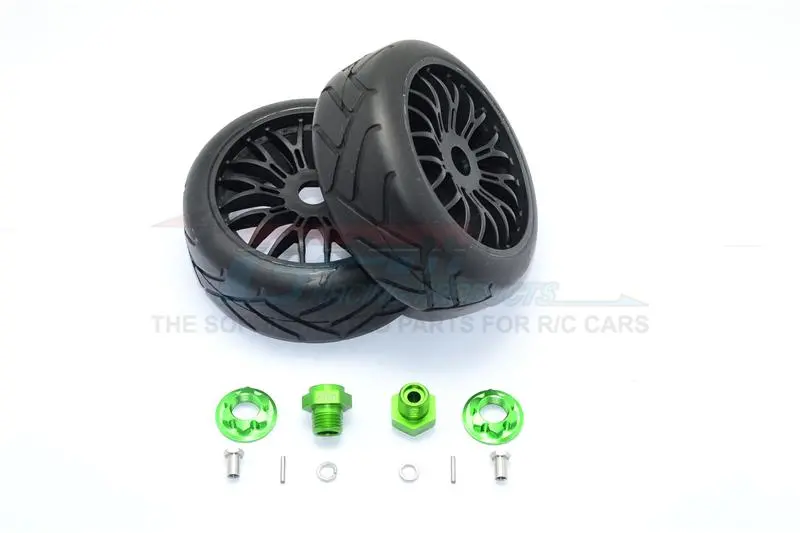 Axial Yeti Rock Racer Aluminum 8Mm Front Hex Adapters + Rubber On-Road Radial Tires With Plastic Wheels - 1Pr Set Green 1