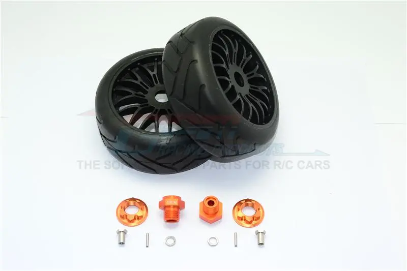 Axial Yeti Rock Racer Aluminum 8Mm Front Hex Adapters + Rubber On-Road Radial Tires With Plastic Wheels - 1Pr Set Orange 1