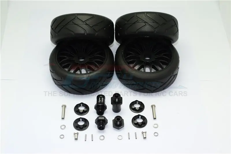 Axial Yeti Rock Racer Aluminum Front & Rear Hex Adapters + Rubber On-Road Radial Tires With Plastic Wheels - 2Prs Set Black 1