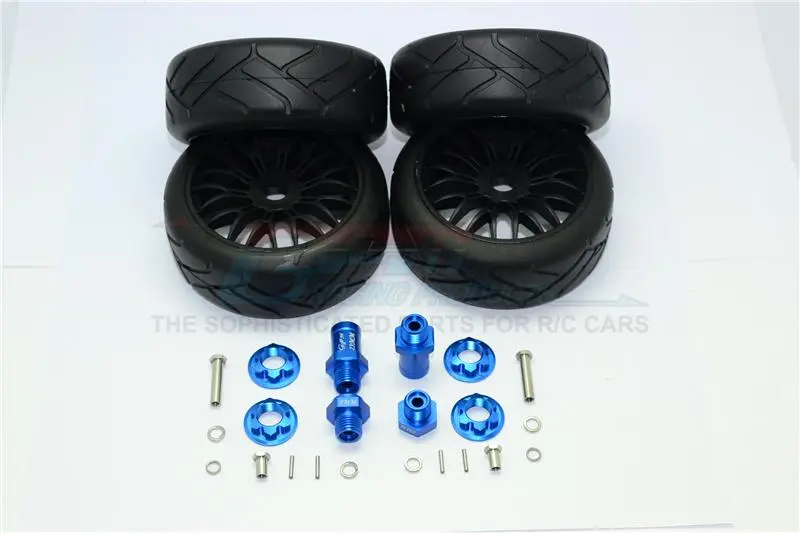 Axial Yeti Rock Racer Aluminum Front & Rear Hex Adapters + Rubber On-Road Radial Tires With Plastic Wheels - 2Prs Set Blue 1