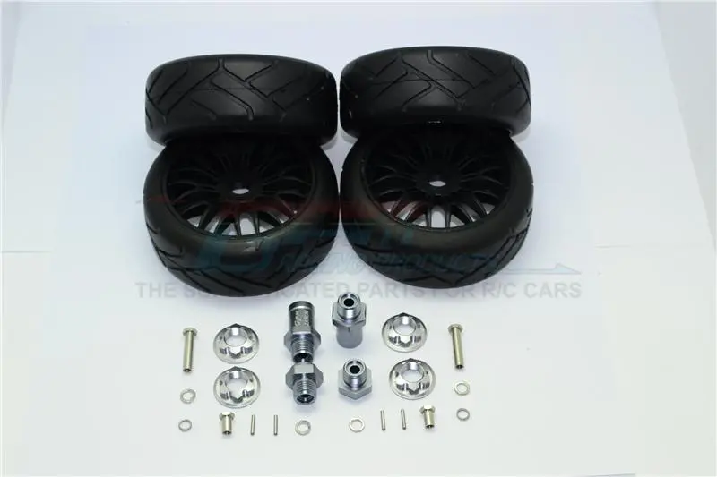 Axial Yeti Rock Racer Aluminum Front & Rear Hex Adapters + Rubber On-Road Radial Tires With Plastic Wheels - 2Prs Set Gray Silver 1