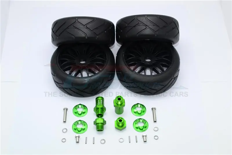 Axial Yeti Rock Racer Aluminum Front & Rear Hex Adapters + Rubber On-Road Radial Tires With Plastic Wheels - 2Prs Set Green 1
