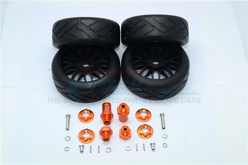 Axial Yeti Rock Racer Aluminum Front & Rear Hex Adapters + Rubber On-Road Radial Tires With Plastic Wheels - 2Prs Set Orange 1