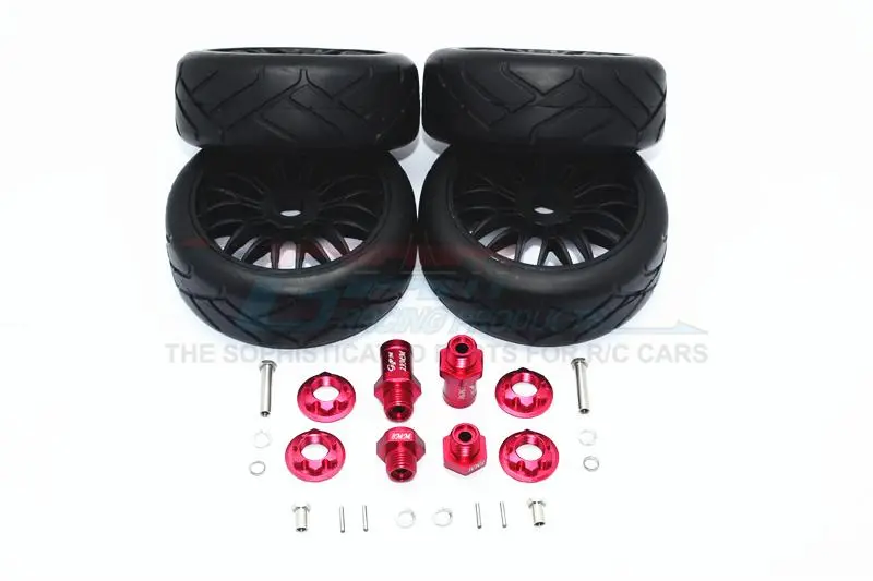 Axial Yeti Rock Racer Aluminum Front & Rear Hex Adapters + Rubber On-Road Radial Tires With Plastic Wheels - 2Prs Set Red 1