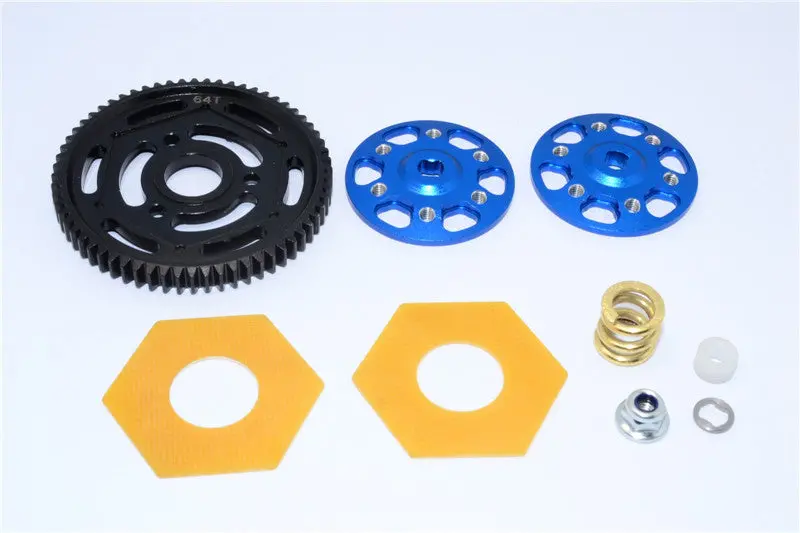 Axial Yeti Xl Monster Buggy Aluminum Spur Gear Adapter + Steel Spur Gear 32 Pitch 64T + Fibre Slipper Pad - 5Pcs Set Blue 1