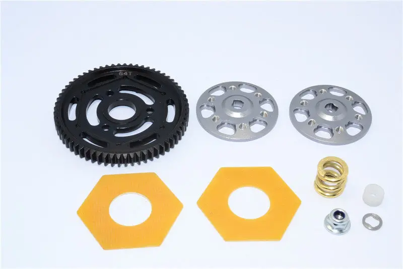 Axial Yeti Xl Monster Buggy Aluminum Spur Gear Adapter + Steel Spur Gear 32 Pitch 64T + Fibre Slipper Pad - 5Pcs Set Gray Silver 1