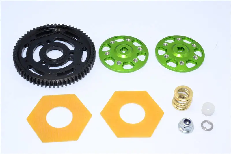 Axial Yeti Xl Monster Buggy Aluminum Spur Gear Adapter + Steel Spur Gear 32 Pitch 64T + Fibre Slipper Pad - 5Pcs Set Green 1