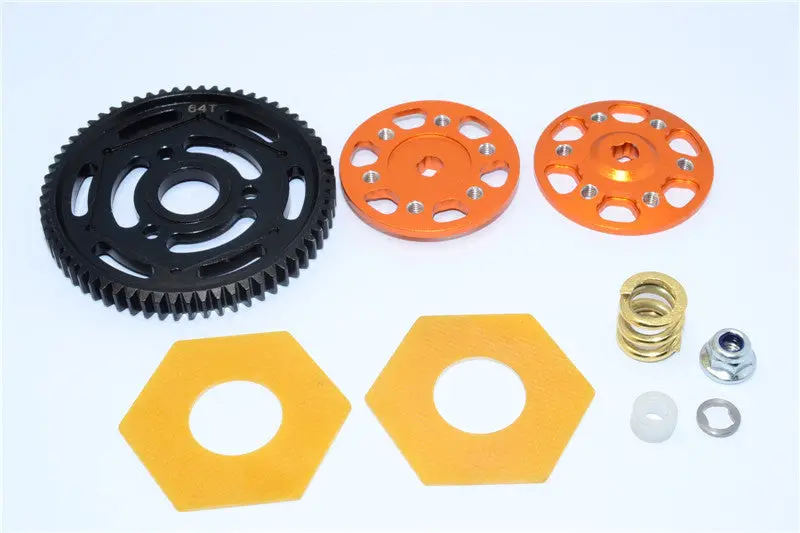 Axial Yeti Xl Monster Buggy Aluminum Spur Gear Adapter + Steel Spur Gear 32 Pitch 64T + Fibre Slipper Pad - 5Pcs Set Orange 1