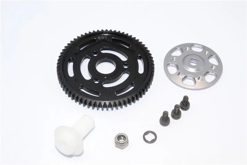 Axial Yeti Xl Monster Buggy Aluminum Spur Gear Adapter + Steel Spur Gear 32 Pitch 65T - 2Pcs Set Gray Silver 1
