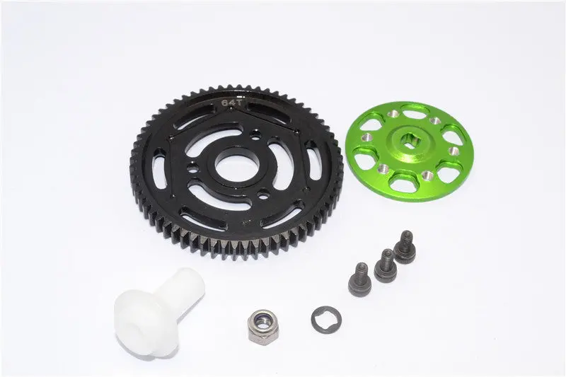 Axial Yeti Xl Monster Buggy Aluminum Spur Gear Adapter + Steel Spur Gear 32 Pitch 65T - 2Pcs Set Green 1