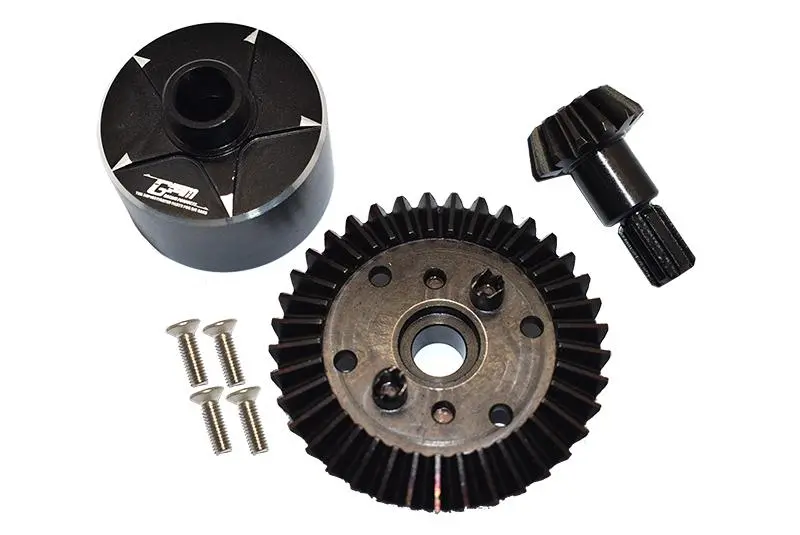 Carbon Steel Ring Gear 37T & Pinion Gear 13T With Aluminum Diff Case For 1:10 Granite / Big Rock V3 3S / Kraton 4S / Vorteks 3S / Senton V3 / 1:8 Vendetta 3S / Infraction V3 - 7Pcs Set Black 1