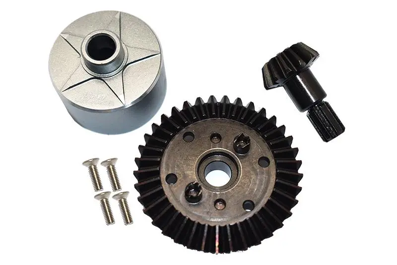 Carbon Steel Ring Gear 37T & Pinion Gear 13T With Aluminum Diff Case For 1:10 Granite / Big Rock V3 3S / Kraton 4S / Vorteks 3S / Senton V3 / 1:8 Vendetta 3S / Infraction V3 - 7Pcs Set Gray Silver 1
