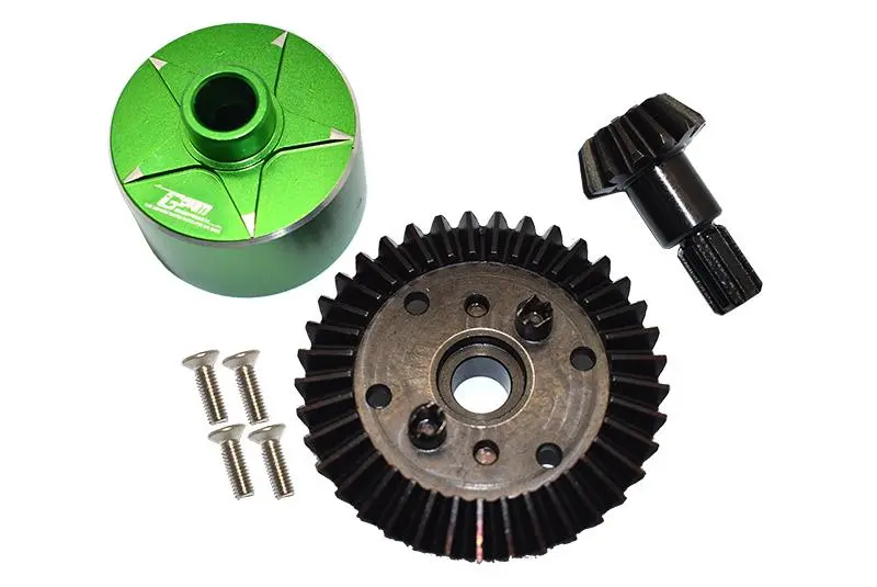 Carbon Steel Ring Gear 37T & Pinion Gear 13T With Aluminum Diff Case For 1:10 Granite / Big Rock V3 3S / Kraton 4S / Vorteks 3S / Senton V3 / 1:8 Vendetta 3S / Infraction V3 - 7Pcs Set Green 1