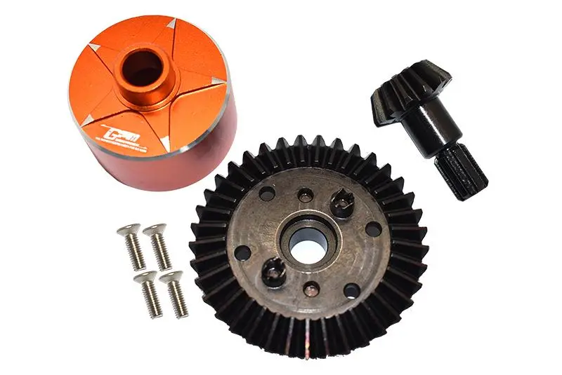 Carbon Steel Ring Gear 37T & Pinion Gear 13T With Aluminum Diff Case For 1:10 Granite / Big Rock V3 3S / Kraton 4S / Vorteks 3S / Senton V3 / 1:8 Vendetta 3S / Infraction V3 - 7Pcs Set Orange 1