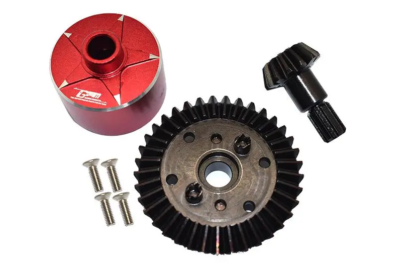 Carbon Steel Ring Gear 37T & Pinion Gear 13T With Aluminum Diff Case For 1:10 Granite / Big Rock V3 3S / Kraton 4S / Vorteks 3S / Senton V3 / 1:8 Vendetta 3S / Infraction V3 - 7Pcs Set Red 1