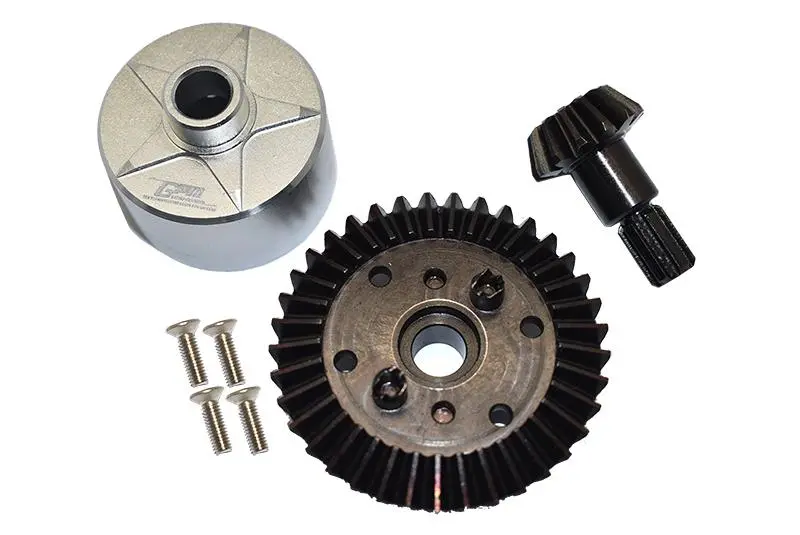 Carbon Steel Ring Gear 37T & Pinion Gear 13T With Aluminum Diff Case For 1:10 Granite / Big Rock V3 3S / Kraton 4S / Vorteks 3S / Senton V3 / 1:8 Vendetta 3S / Infraction V3 - 7Pcs Set Silver 1