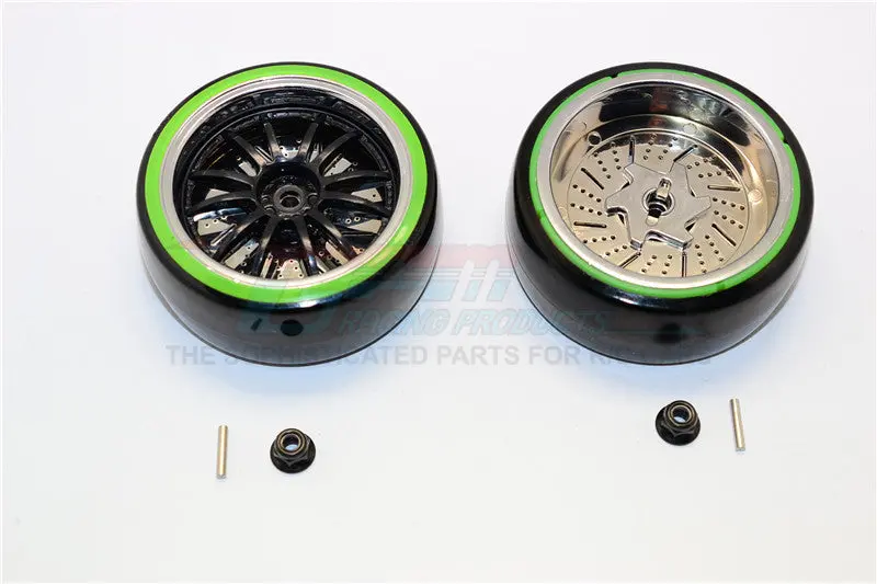 Delrin Drift Tires Of 26Mm Width Mount With 6 Spokes Plastic Wheels - 1Pr Set Black+Green 1