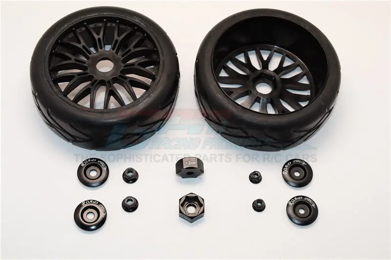 Rubber Radial Tires With Plastic Wheels With 12Mm To 17Mm Converter, 4Mm & 5Mm Wheel Lock - 2Pcs Set Black 1