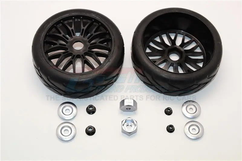 Rubber Radial Tires With Plastic Wheels With 12Mm To 17Mm Converter, 4Mm & 5Mm Wheel Lock - 2Pcs Set Gray Silver 1