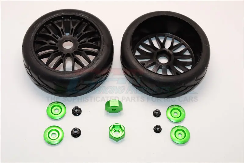 Rubber Radial Tires With Plastic Wheels With 12Mm To 17Mm Converter, 4Mm & 5Mm Wheel Lock - 2Pcs Set Green 1