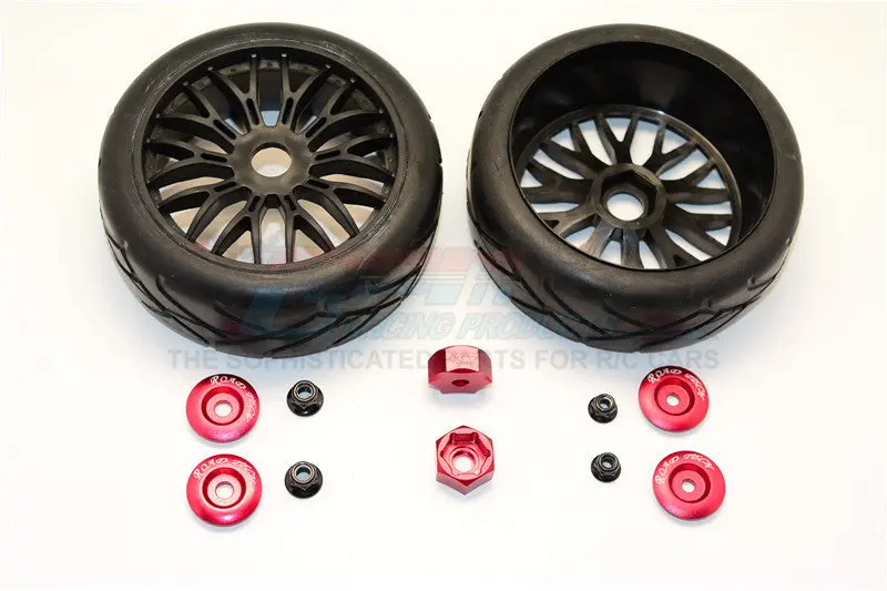 Rubber Radial Tires With Plastic Wheels With 12Mm To 17Mm Converter, 4Mm & 5Mm Wheel Lock - 2Pcs Set Red 1